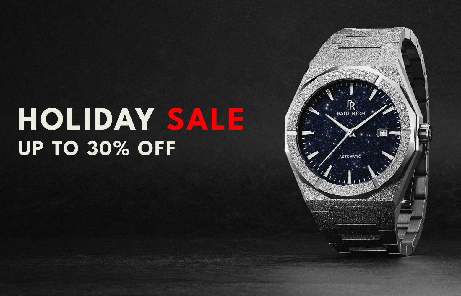 Silver frosted automatic watch with a blue aventurine dial on a dark background beside text that reads Holiday Sale and Up to 30 percent Off.