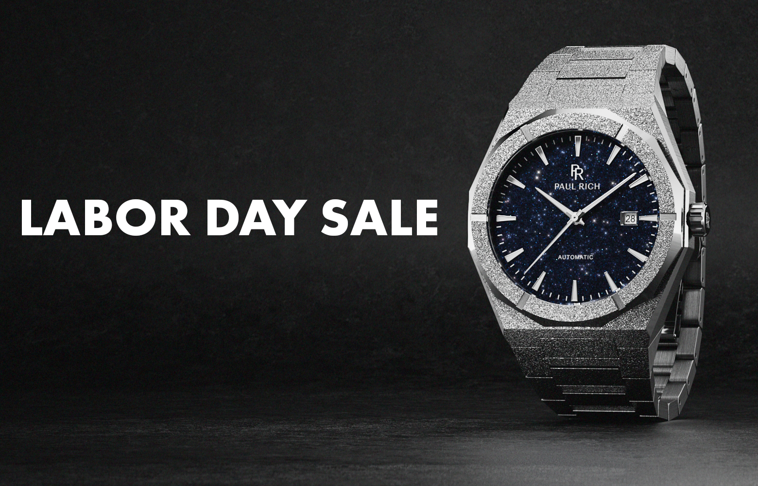 Labor Day Sale banner featuring a silver Paul Rich frosted watch with blue aventurine dial on a black background