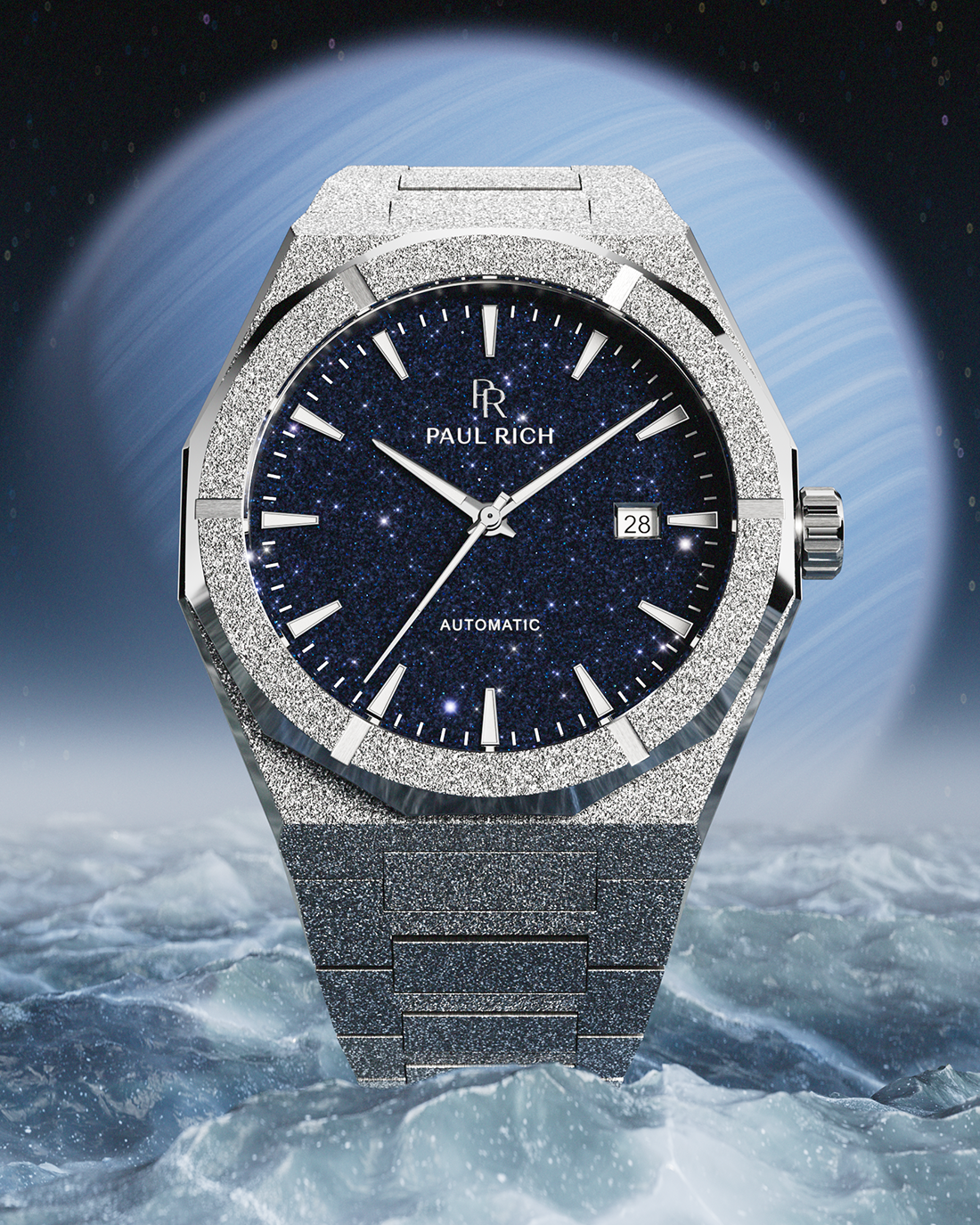 Star Dust II Automatic Silver Blue watch on an ice background.
