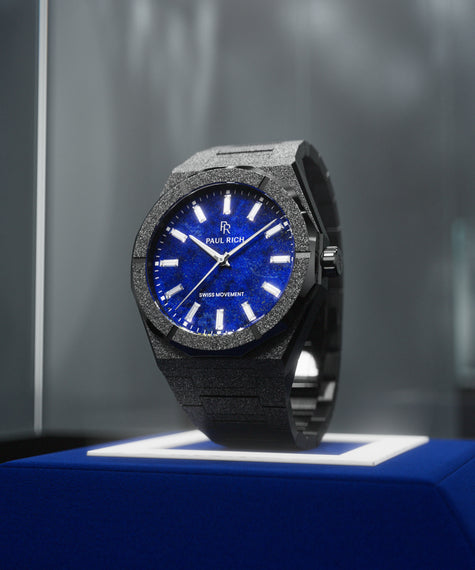Black Frosted Star Dust II with lapis lazuli dial, glass display
