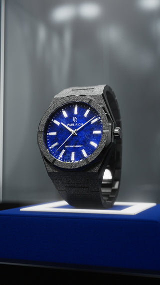 Black Frosted Star Dust II with lapis lazuli dial, glass display