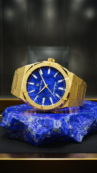 Gold Frosted Star Dust II with lapis lazuli dial, glass display