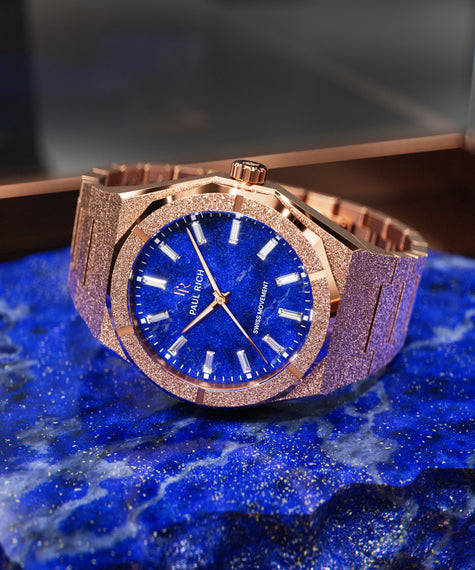 Rose Gold Frosted Star Dust II with lapis lazuli dial, glass display