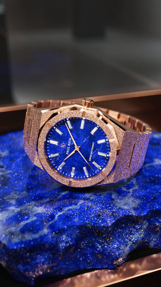 Rose Gold Frosted Star Dust II with lapis lazuli dial, glass display