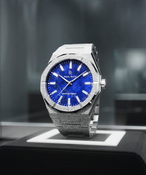 Silver Frosted Star Dust II with lapis lazuli dial, glass display