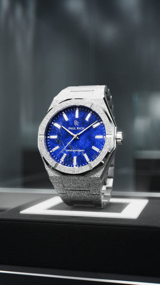 Silver Frosted Star Dust II with lapis lazuli dial, glass display