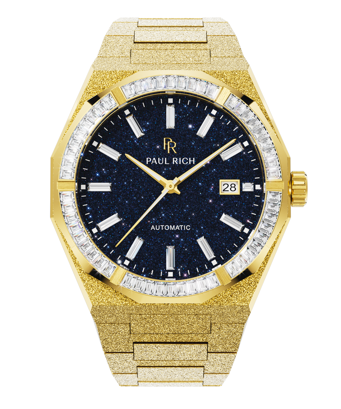 Gold frosted watch with blue aventurine dial, trapezoid-cut moissanite bezel, and date window at 3 o’clock on the automatic model.