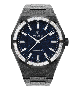 Black watch with frosted bracelet, blue aventurine dial, and baguette-cut moissanite bezel reflecting a diamond-like brilliance.