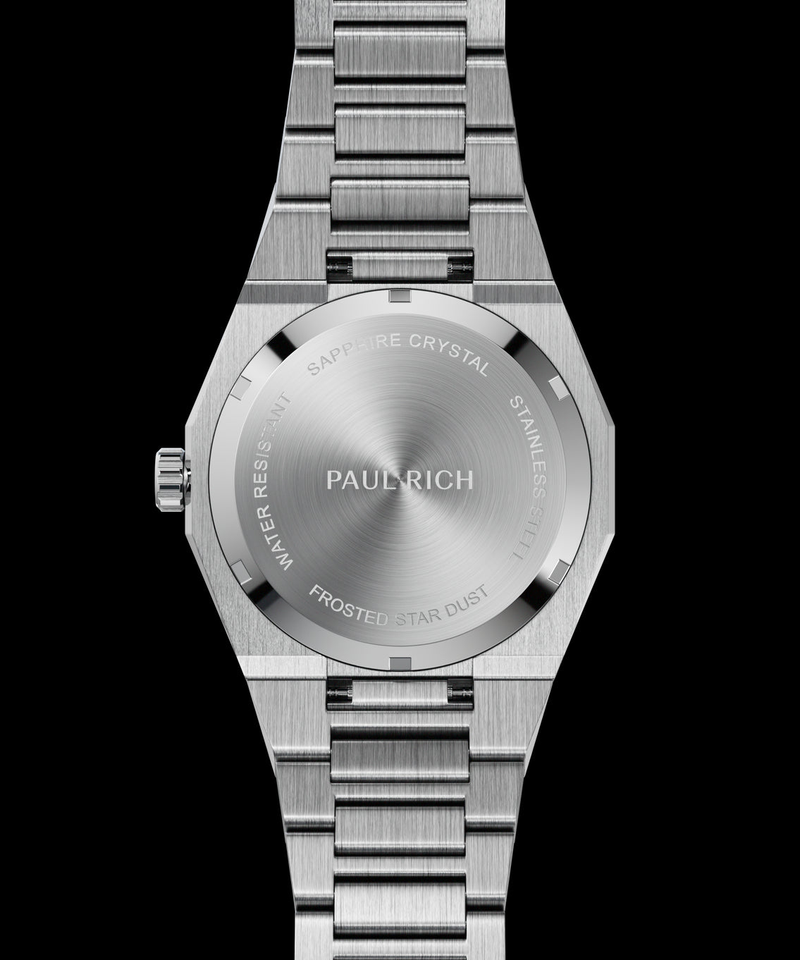 Silver frosted watch case back with circular brushed finish and engraved markings for sapphire crystal, water resistance, and model name.