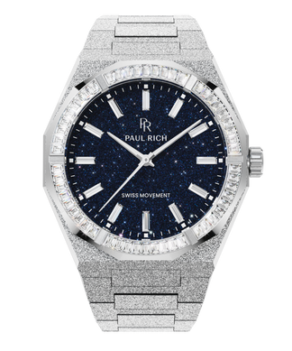 Silver frosted watch with blue aventurine dial and trapezoid-cut moissanite bezel, reflecting crisp white light across its polished surface.