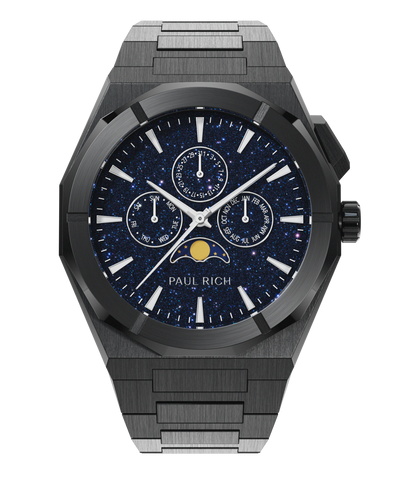 Paul Rich black watch with aventurine dial, moonphase display, and three subdials on a brushed black bracelet.