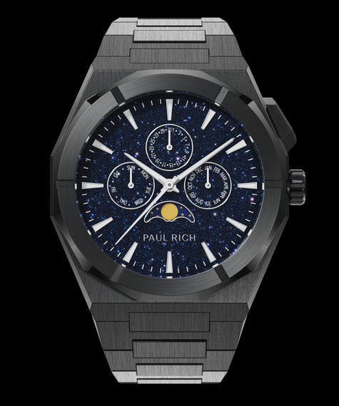 Paul Rich black watch with aventurine dial, moonphase display, and three subdials on a brushed black bracelet.