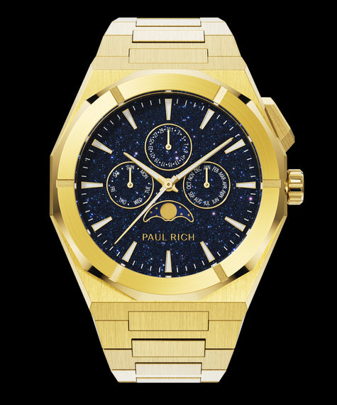 Paul Rich gold watch with black aventurine dial, moonphase display, and three subdials on a brushed gold bracelet.