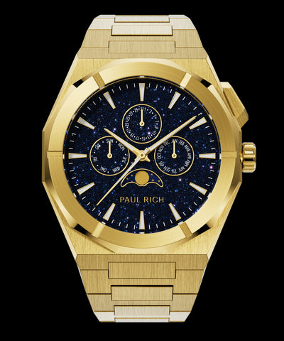 Paul Rich gold watch with black aventurine dial, moonphase display, and three subdials on a brushed gold bracelet.