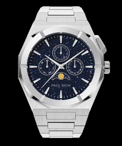 Paul Rich silver watch with aventurine dial, moonphase display, and three subdials on a brushed silver bracelet.