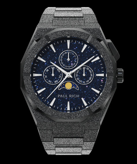 Paul Rich frosted black watch with aventurine dial, moonphase display, and three subdials on a frosted black bracelet.