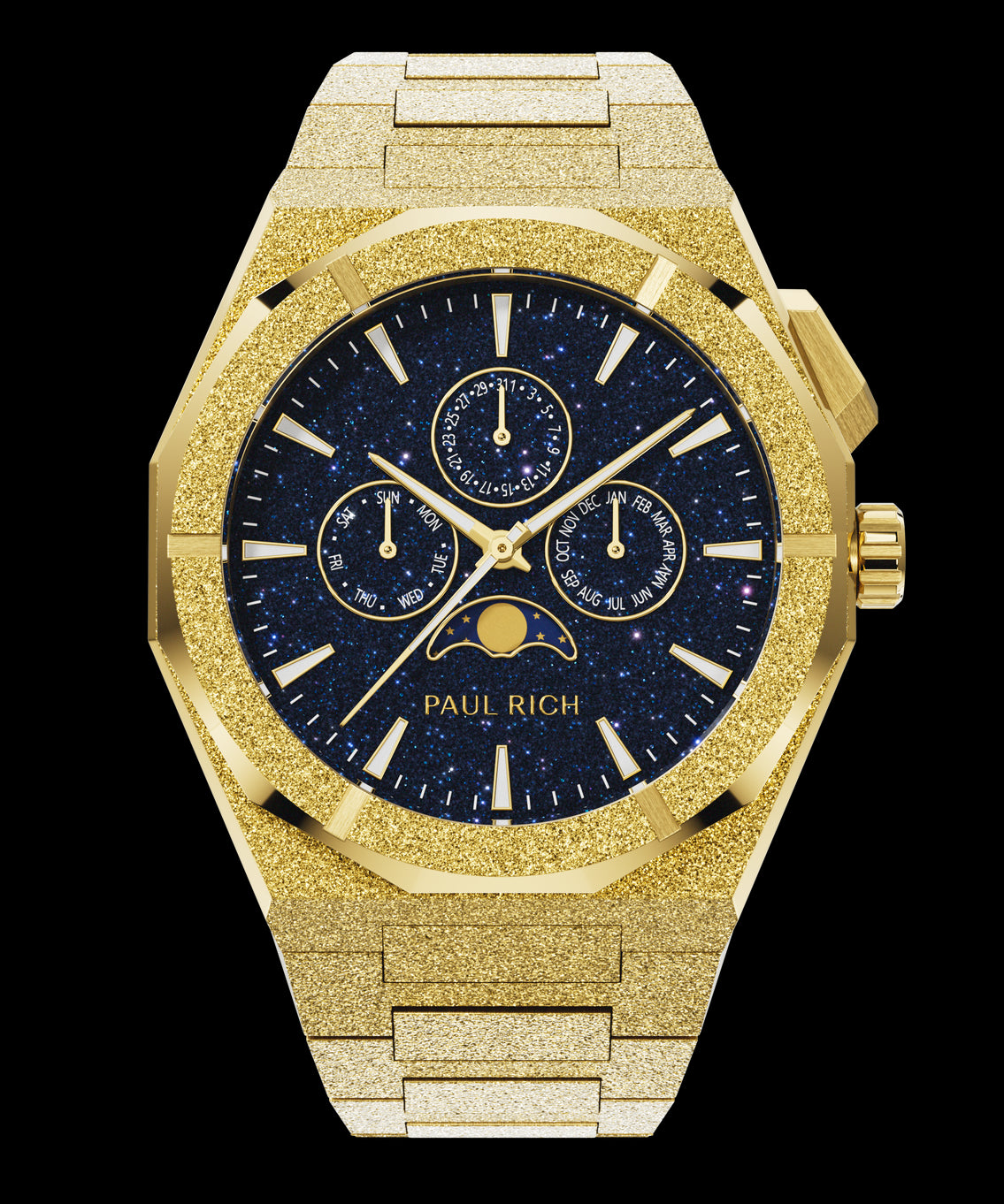 Paul Rich frosted gold watch with aventurine dial, moonphase display, and three subdials on a frosted gold bracelet.