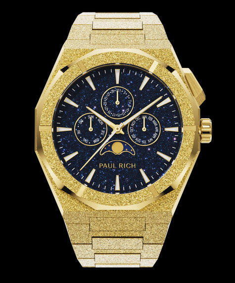 Paul Rich frosted gold watch with aventurine dial, moonphase display, and three subdials on a frosted gold bracelet.