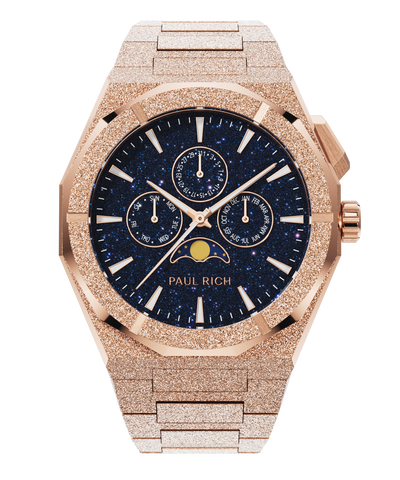 Paul Rich frosted rose gold watch with aventurine dial, moonphase display, and three subdials on a frosted bracelet.