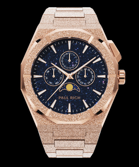 Paul Rich frosted rose gold watch with aventurine dial, moonphase display, and three subdials on a frosted bracelet.