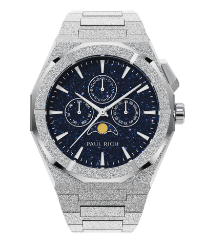 Paul Rich frosted silver watch with aventurine dial, moonphase display, and three subdials on a frosted silver bracelet.
