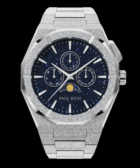 Paul Rich frosted silver watch with aventurine dial, moonphase display, and three subdials on a frosted silver bracelet.