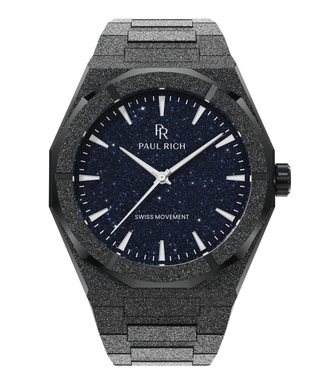 Black frosted Paul Rich watch with deep blue aventurine dial, silver hands and markers, Swiss Movement text at bottom center.
