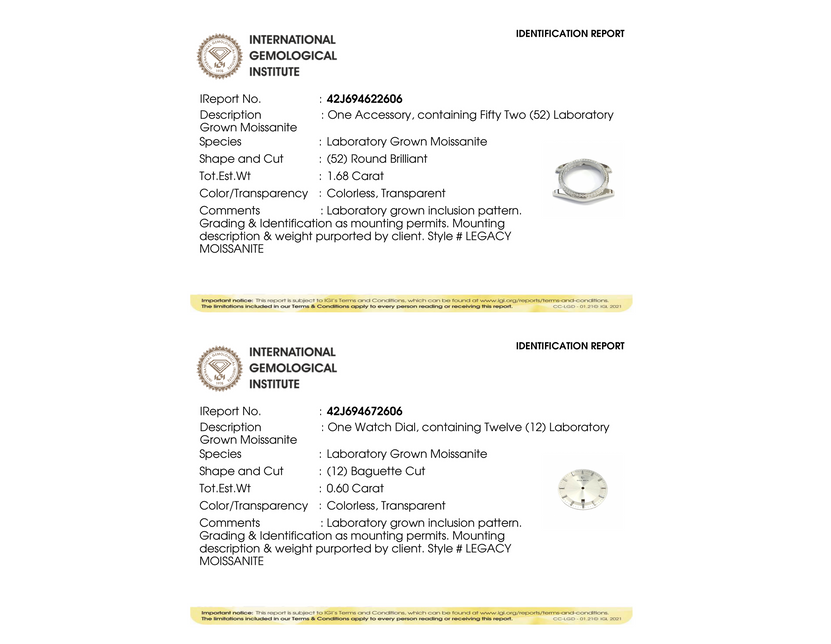 IGI grading reports for Moissanite Legacy All Silver: bezel (52 round-brilliant moissanite, 1.68 ct) and dial, both Colorless, Transparent.