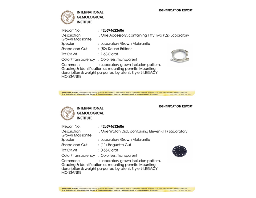 IGI grading reports for Moissanite Legacy Silver Blue Aventurine: bezel (52 round-brilliant moissanite, 1.68 ct) and dial, both Colorless, Transparent.