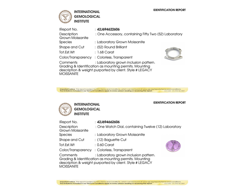 IGI grading reports for Moissanite Legacy Silver Plum: bezel (52 round-brilliant moissanite, 1.68 ct) and dial, both Colorless, Transparent.
