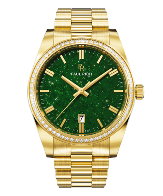 Front view of a gold-tone Paul Rich watch with a sparkling green aventurine dial, diamond-set bezel, gold hour markers and hands, and a gold link bracelet.