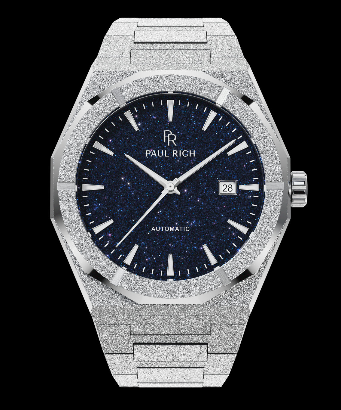 Silver frosted Paul Rich watch with deep blue aventurine dial, silver markers and hands, and date window at 3 o'clock.