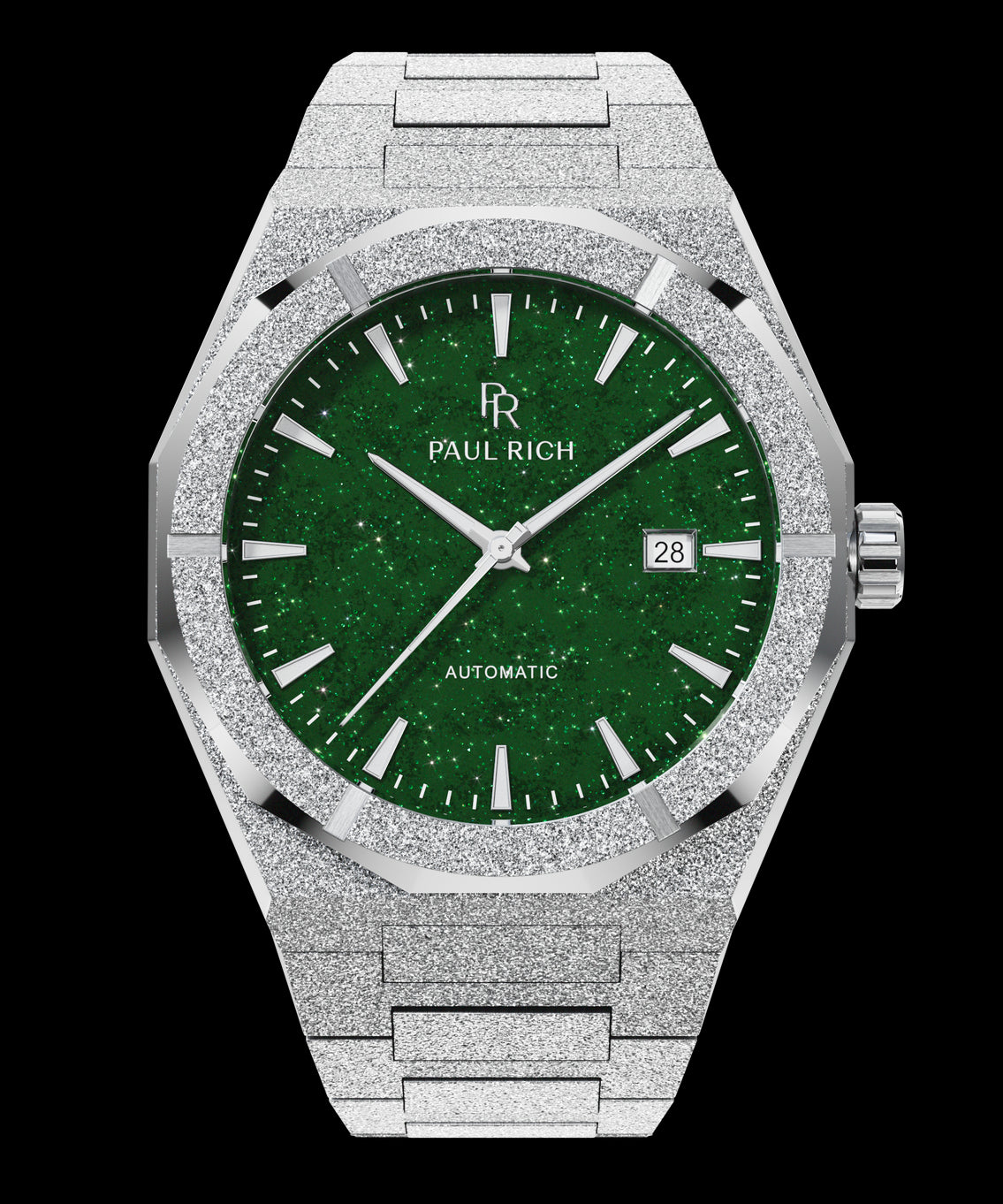 Silver frosted Paul Rich automatic watch with green aventurine dial, date window at 3 o'clock, silver hands, on transparent background.