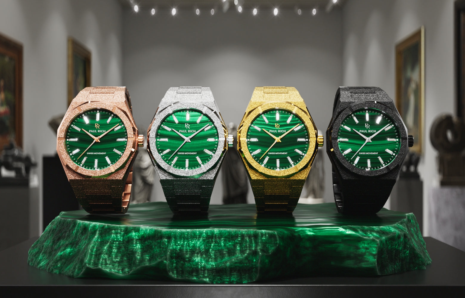Malachite Aurora collection with 4 watches: Black, Gold, Silver and Rose Gold