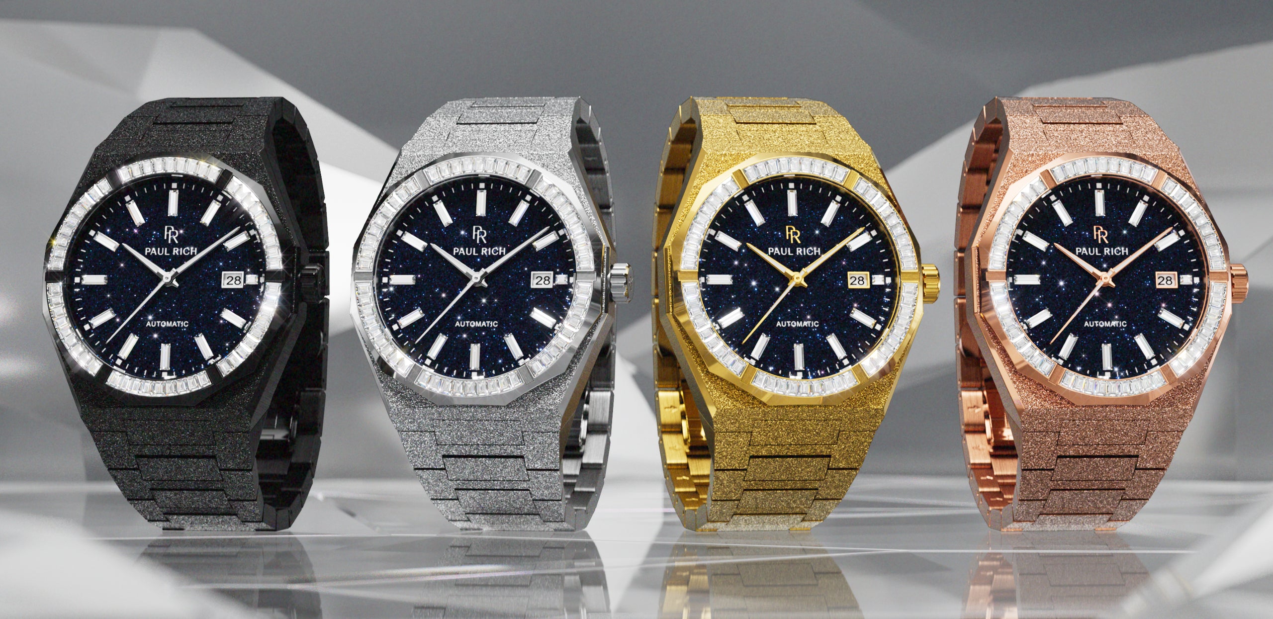 Diamond watches in black, silver, gold, and rose gold on a gradient background. Moissanite collection.