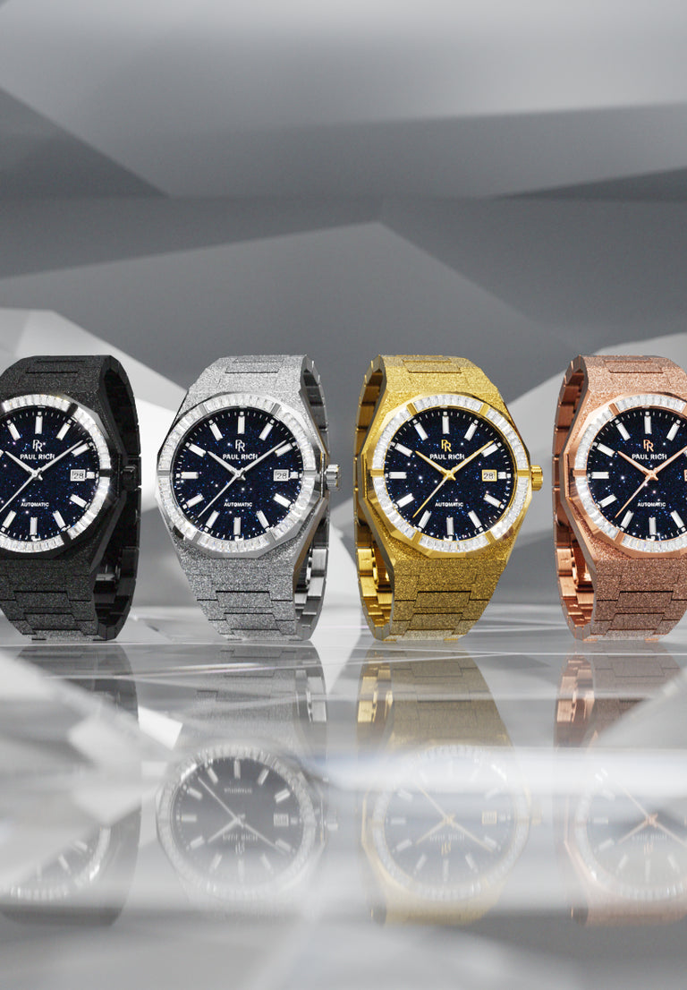 Diamond watches in black, silver, gold, and rose gold on a gradient background. Moissanite collection.