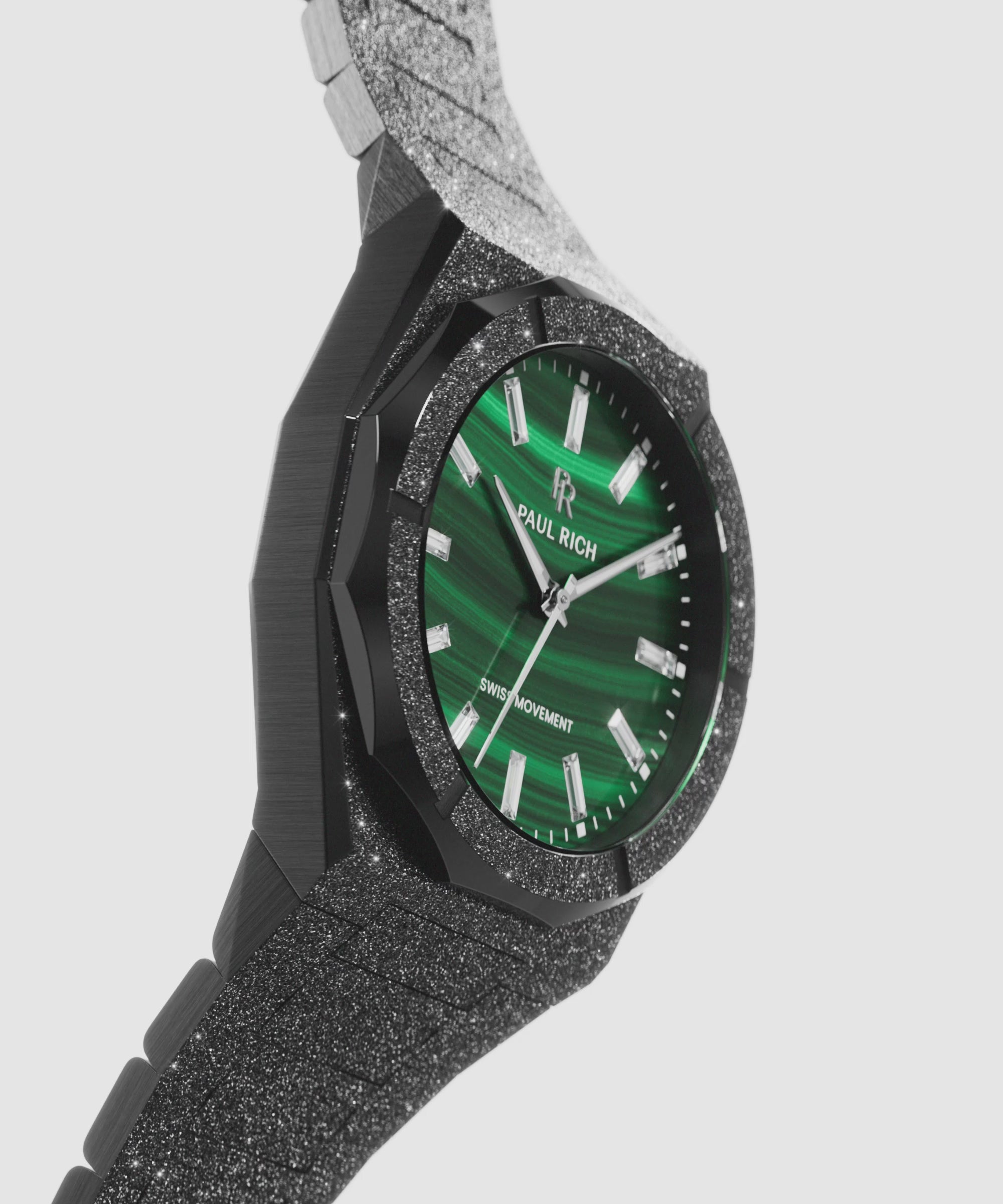Angled side view of a black frosted Malachite Aurora watch with a green malachite dial