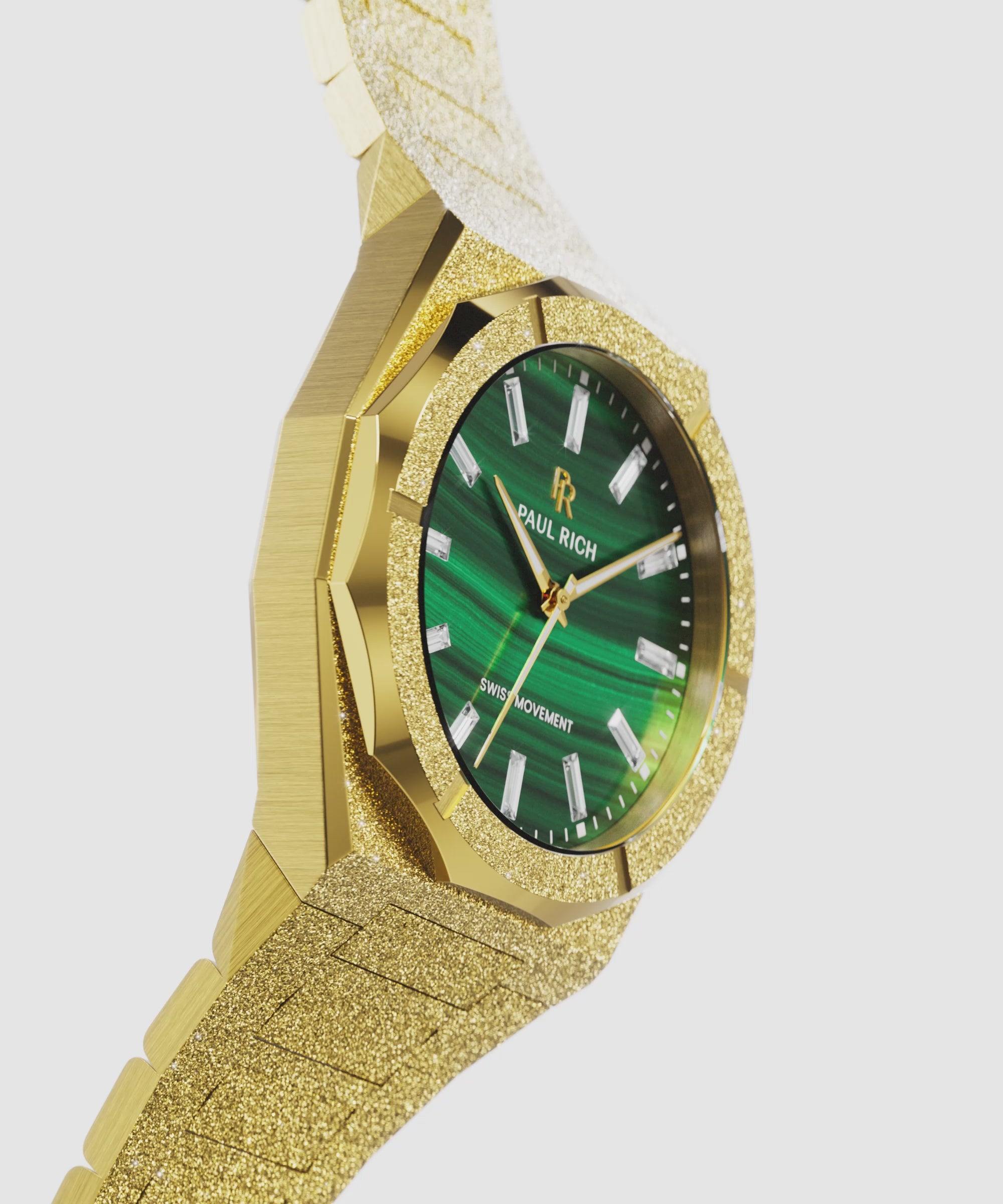 Angled side view of a gold-tone frosted Malachite Aurora watch with a green malachite dial