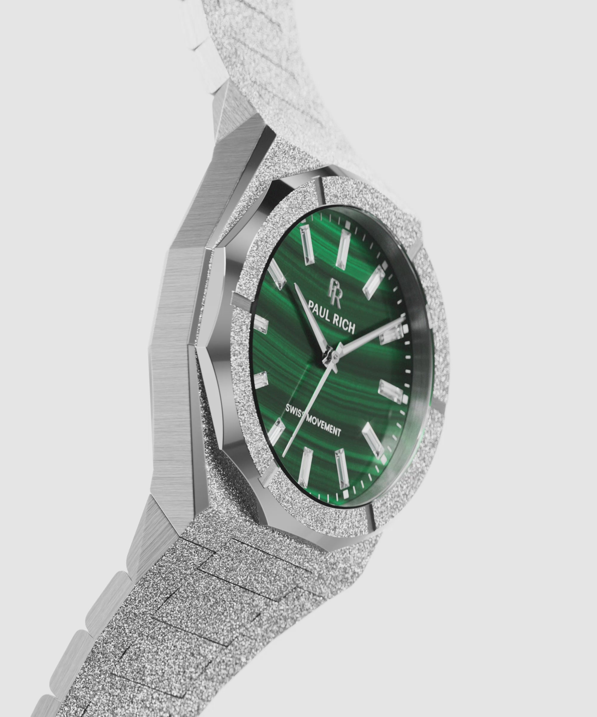 Angled side view of a silver frosted Malachite Aurora watch with a green malachite dial
