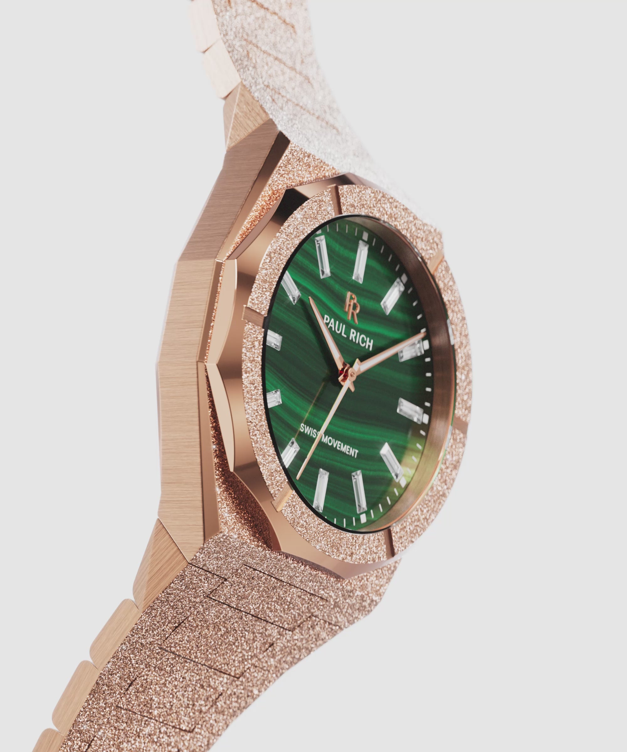 Angled side view of a rose-gold-tone frosted Malachite Aurora watch with a green malachite dial
