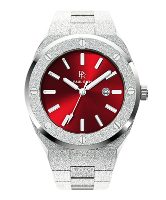 Paul Rich watch with round case, frosted silver finish, metallic red sunray dial, silver hour markers, and date window, shown on transparent background.